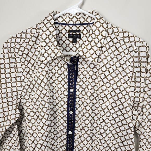 Talbots NWOT Petites Chain Button Down Blouse 12P Chain Print Navy White Gold - Picture 4 of 15
